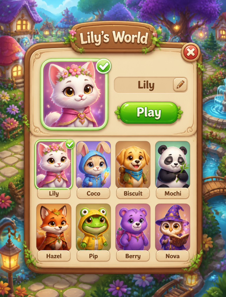 Промпт для экрана выбора персонажа Lily’s World