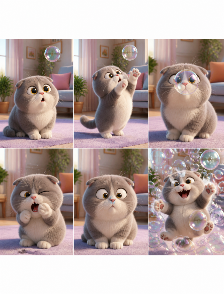 Промпт для анимации Pixar с котом и мыльными пузырями