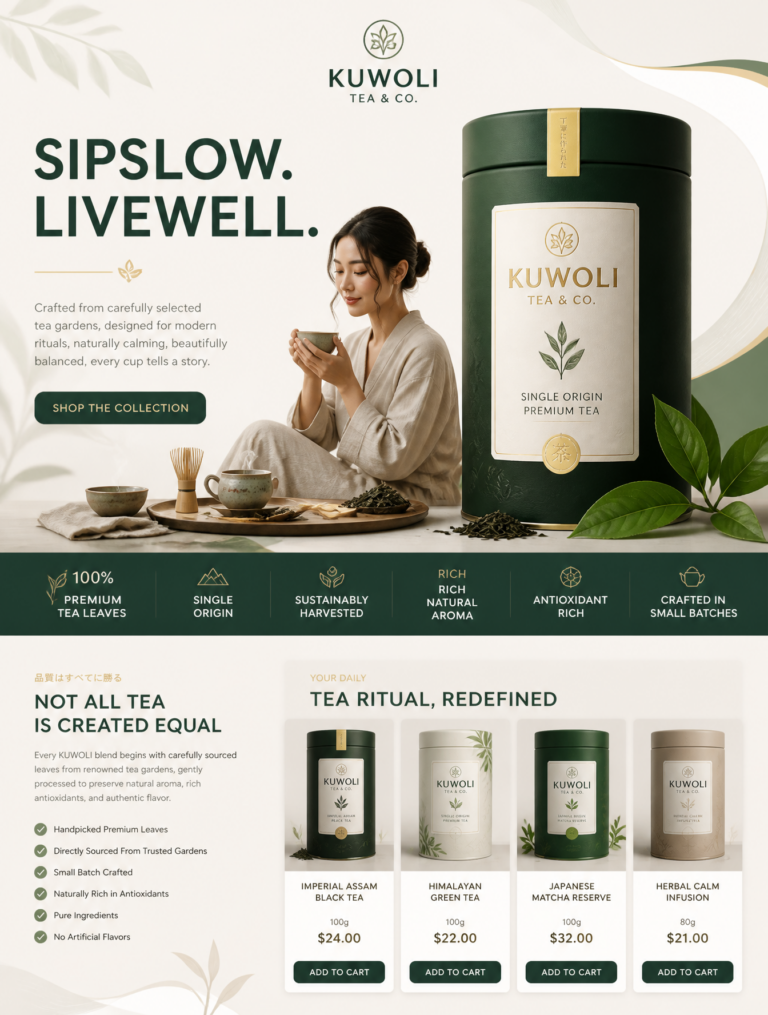 Промпт для создания кинопостера KUWOLI Tea & Co.