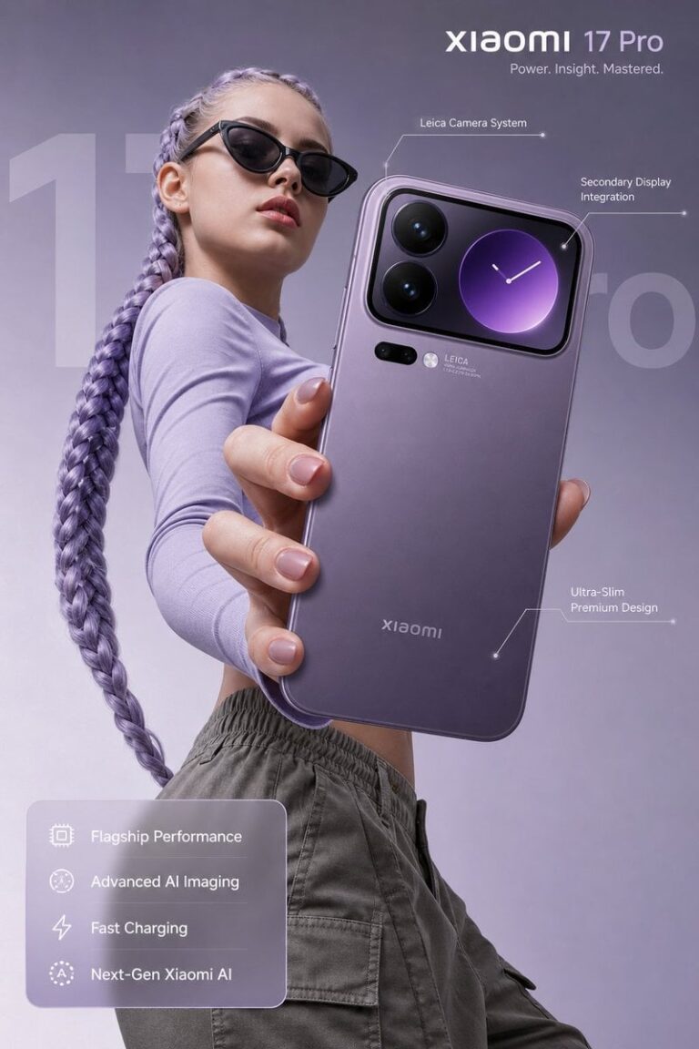 Промпт для фото: реклама Xiaomi 17 Pro с моделью и деталями камеры Leica