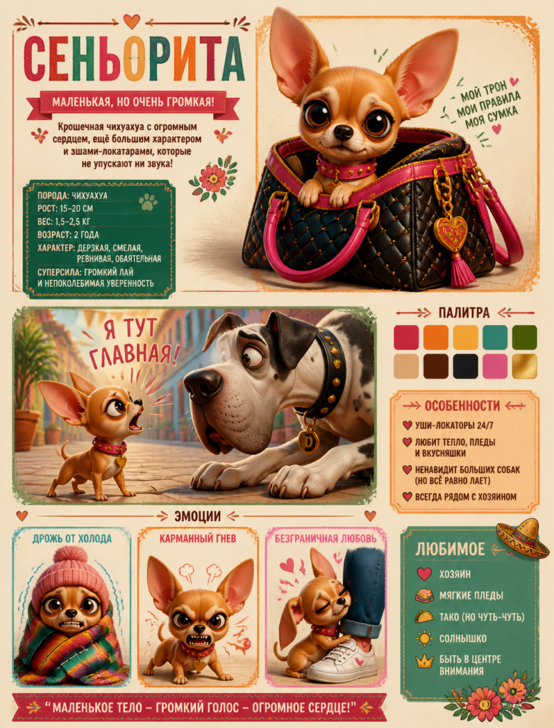Промпт для генерации изображений: модельный лист чихуахуа в стиле Pixar