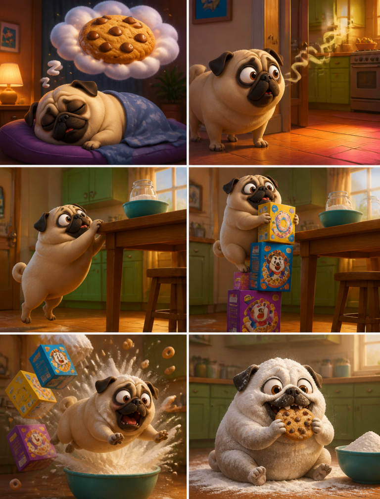 Промпт для генерации изображений: комедийная серия с мопсом в стиле Pixar