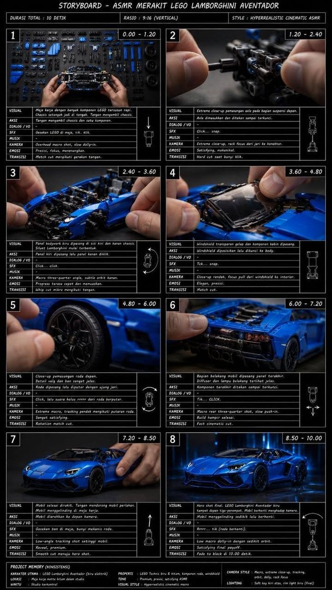 Промпт для фото: профессиональный раскадровка сборки LEGO Technic