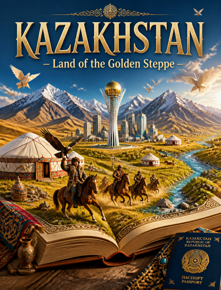 Промпт для создания кинопостера Казахстана: миниатюрный мир из книги