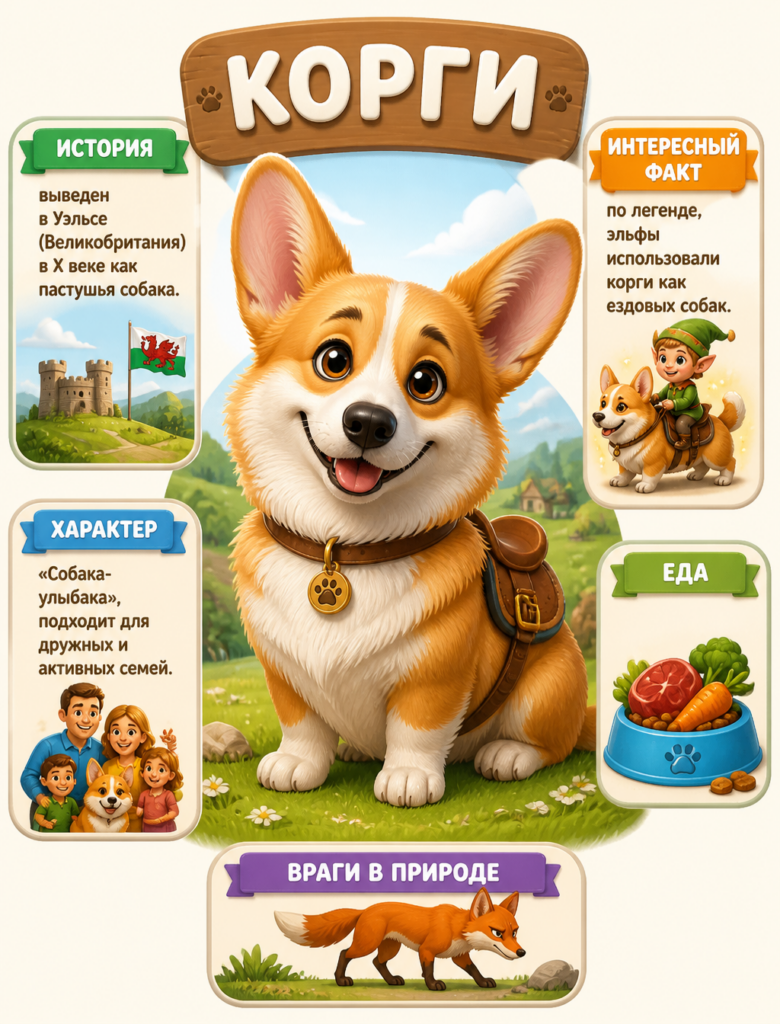 Промпт для создания детской инфографики с корги в стиле Pixar