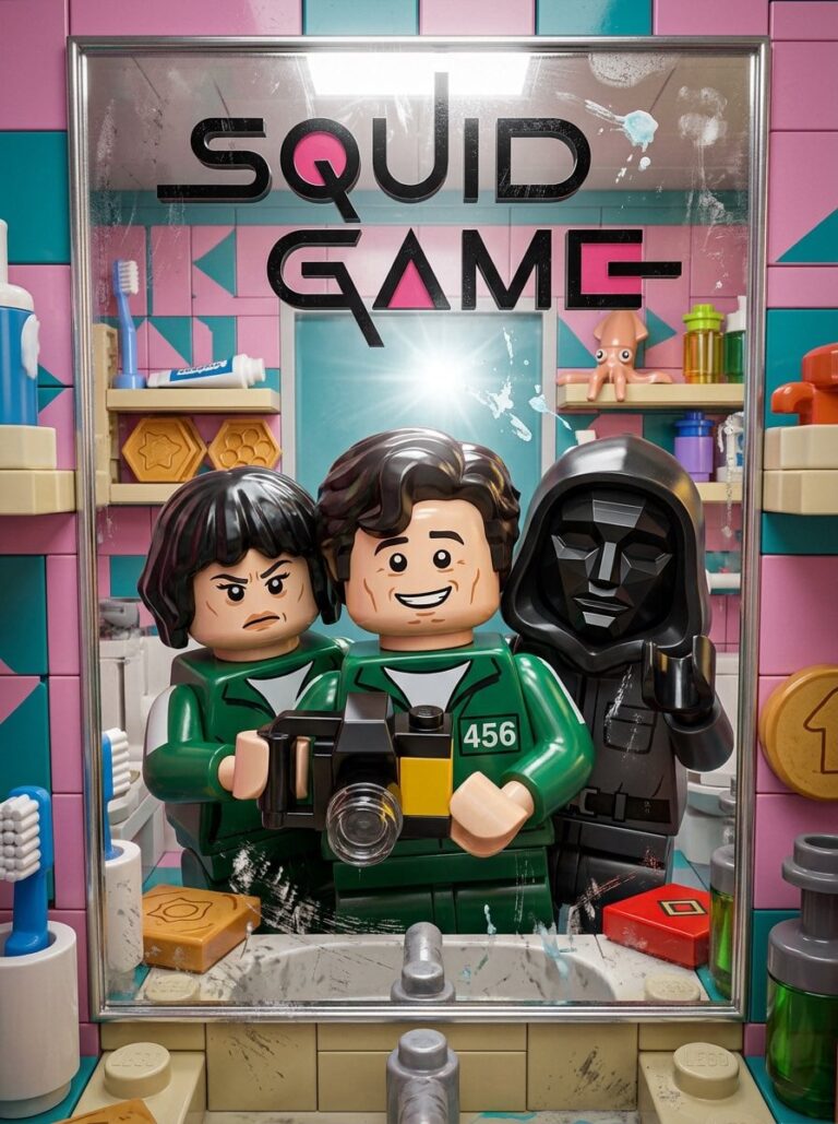 Промпт для генерации изображений: LEGO-персонажи в зеркальном селфи