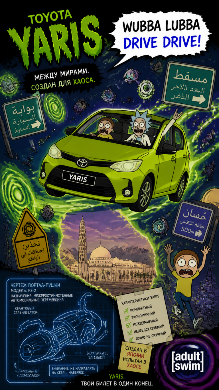 Промпт для создания кинопостера Toyota Yaris в стиле Рик и Морти