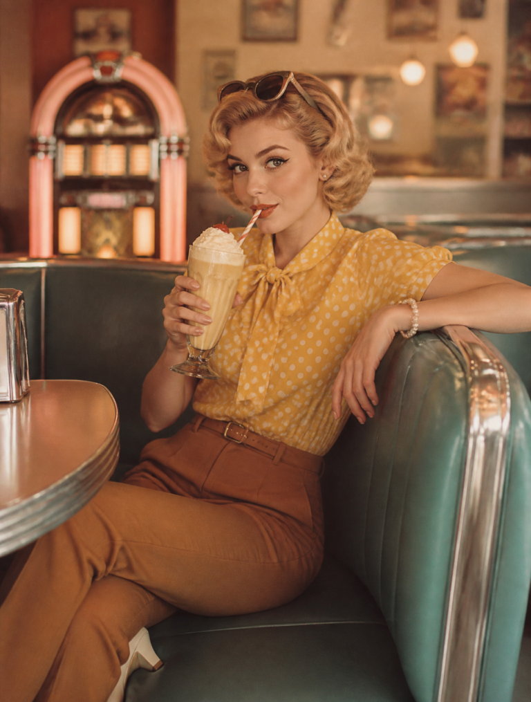 Промпт для фото: ретро-портрет в стиле 1950-х в diner