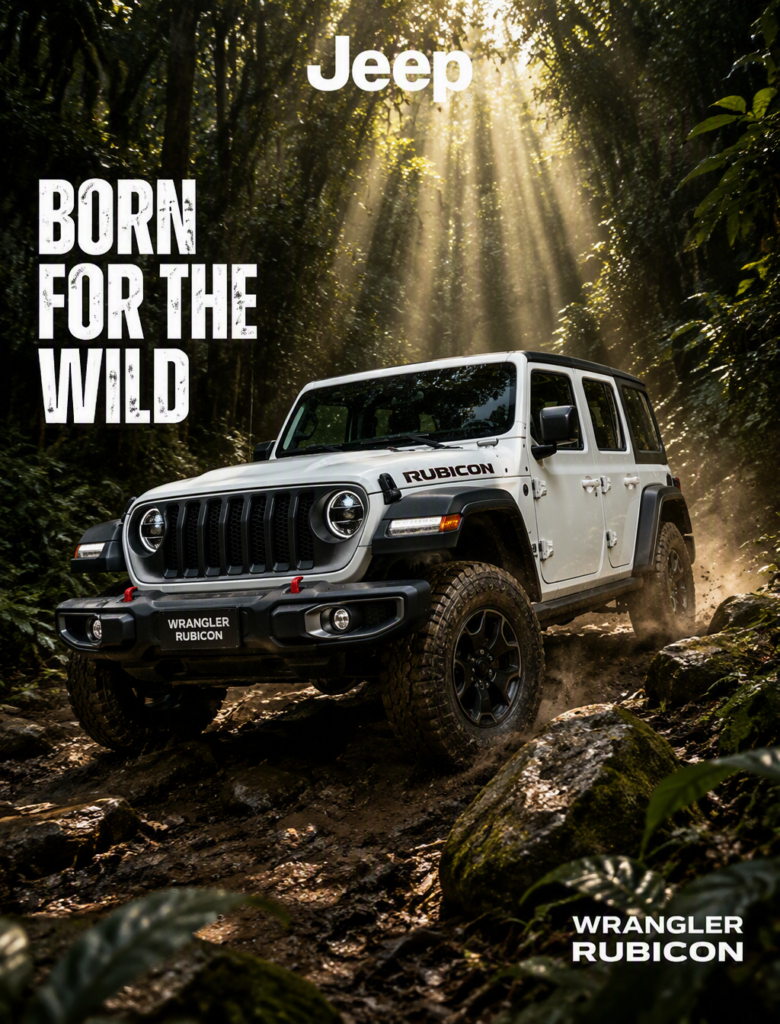 Промпт для фото: Jeep Wrangler Rubicon в джунглях