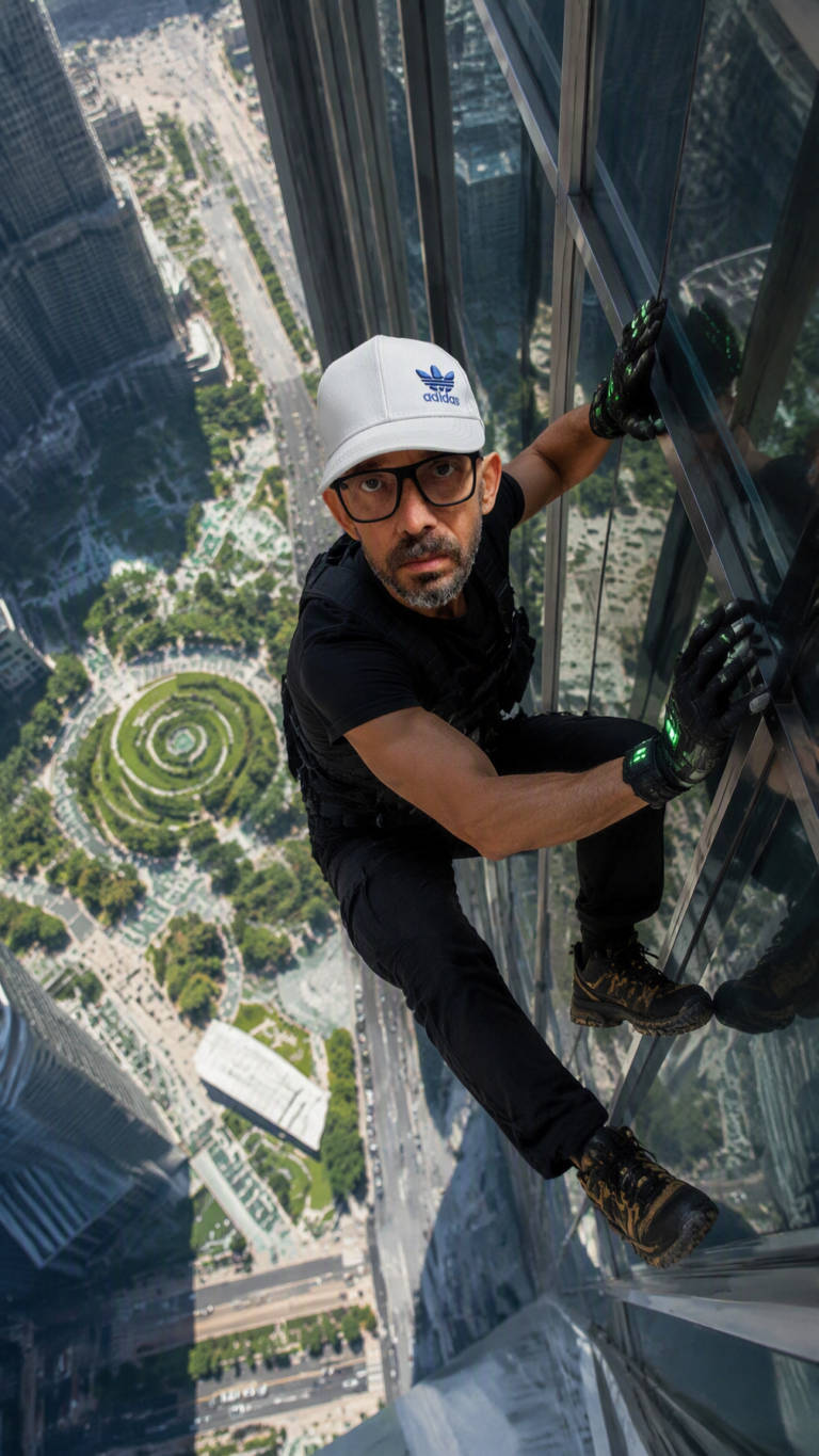 Промпт для фото: экстремальный климбер на фасаде небоскреба