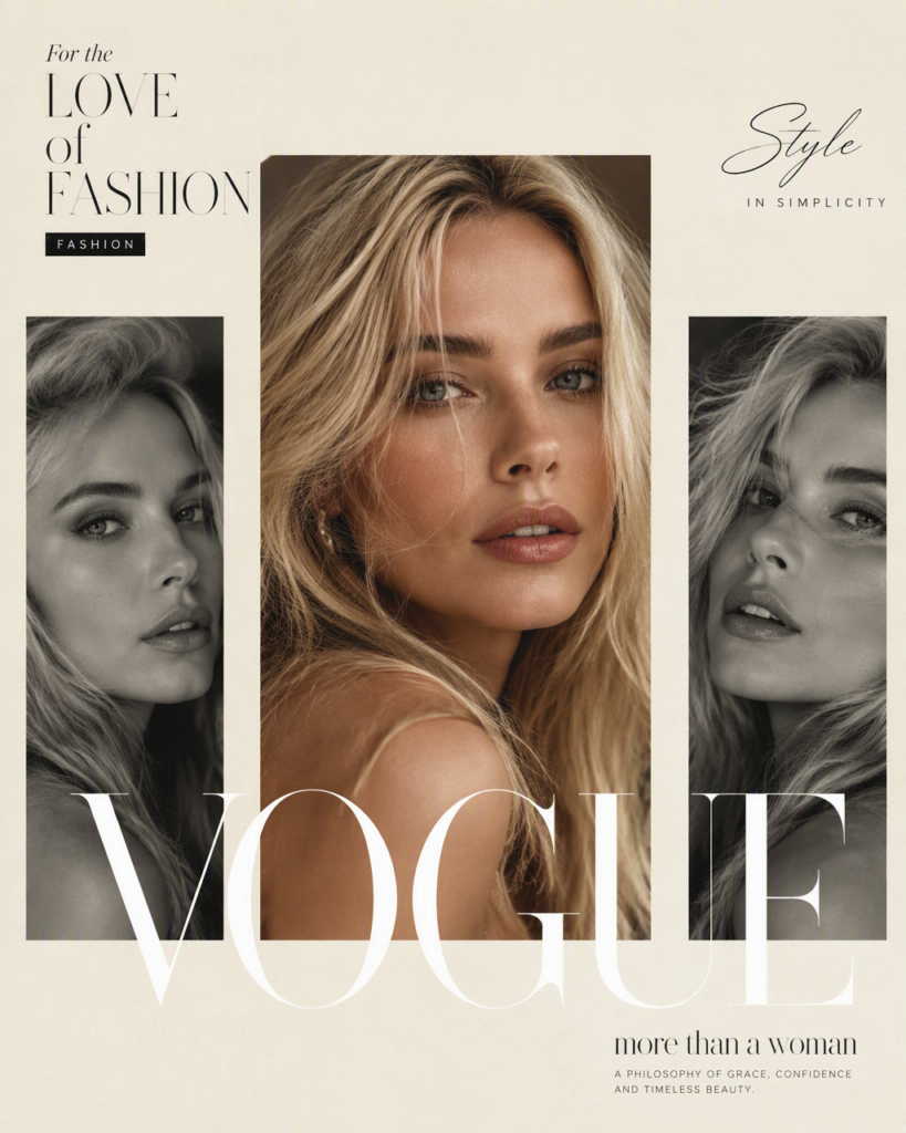 Промпт для фото: коллаж в стиле Vogue с типографикой