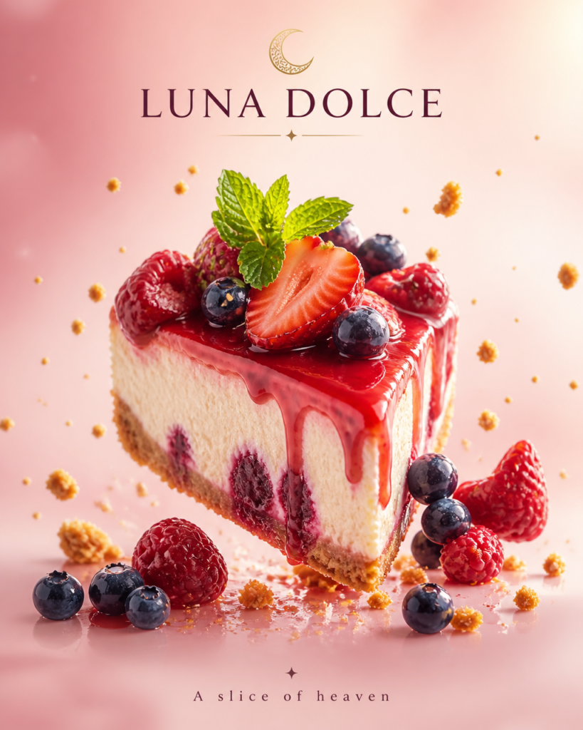 Промпт для создания кинопостера: реклама десертов LUNA DOLCE
