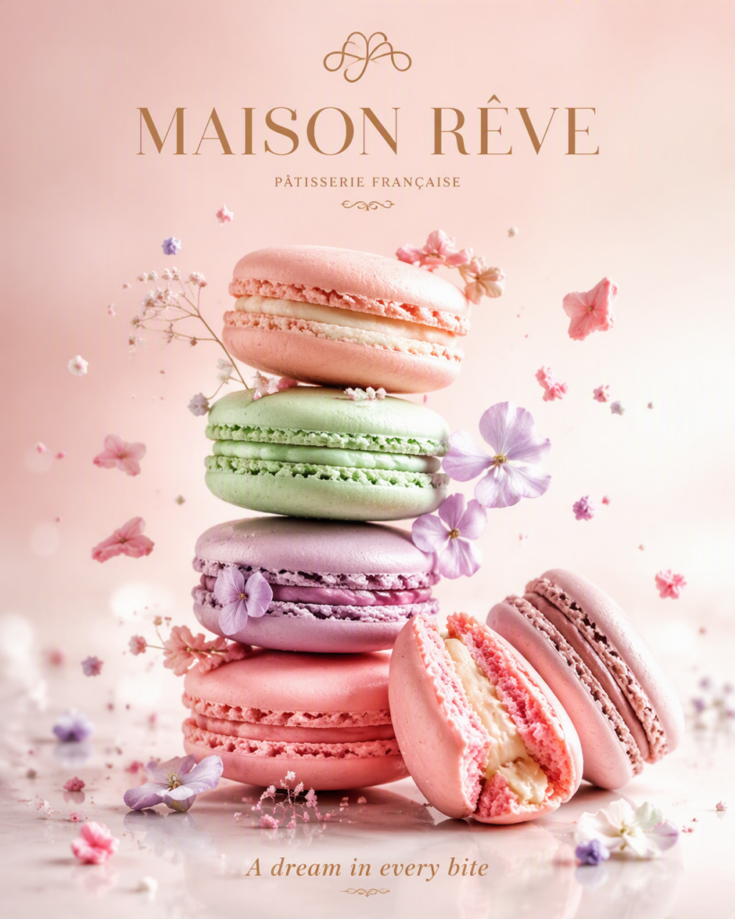 Промпт для создания кинопостера: реклама пирожных MAISON RÊVE