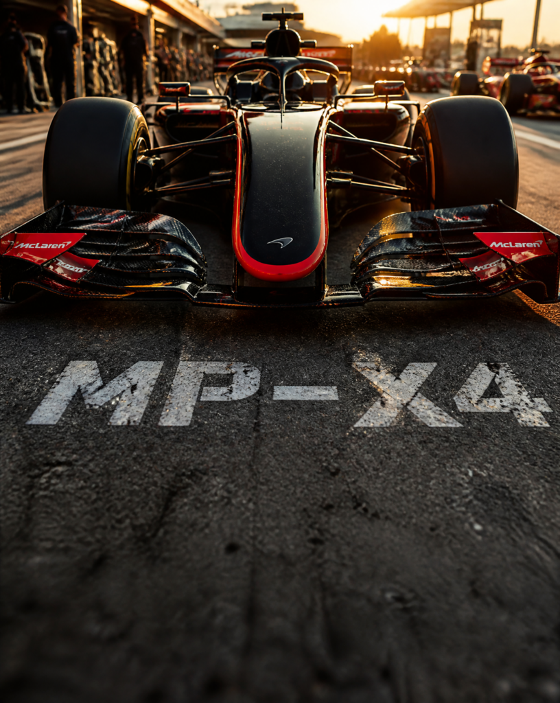 Промпт для фото: детализация болида Формулы-1 в стиле McLaren