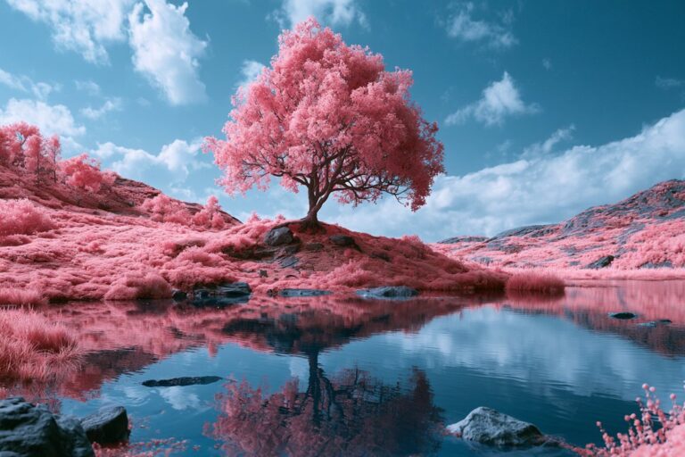 Промпт для фото: сюрреалистичный пейзаж в стиле Solarized Infrared Dreamscape