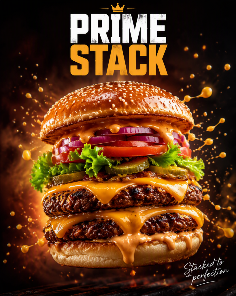 Промпт для создания кинопостера: реклама бургеров PRIME STACK
