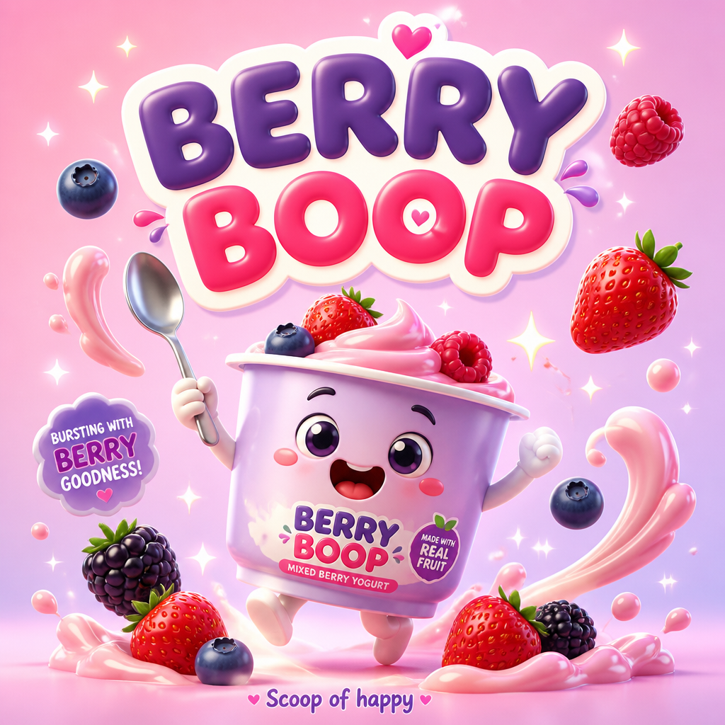 Промпт для создания кинопостера: милый йогурт Berry Boop