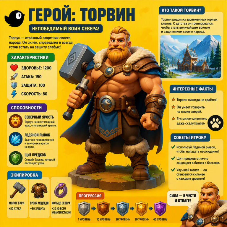 Промпт для создания инфографики в стиле Pixar с мускулистым героем