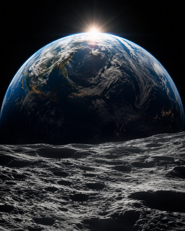 Промпт для фото: вид на Землю с поверхности Луны в стиле NASA