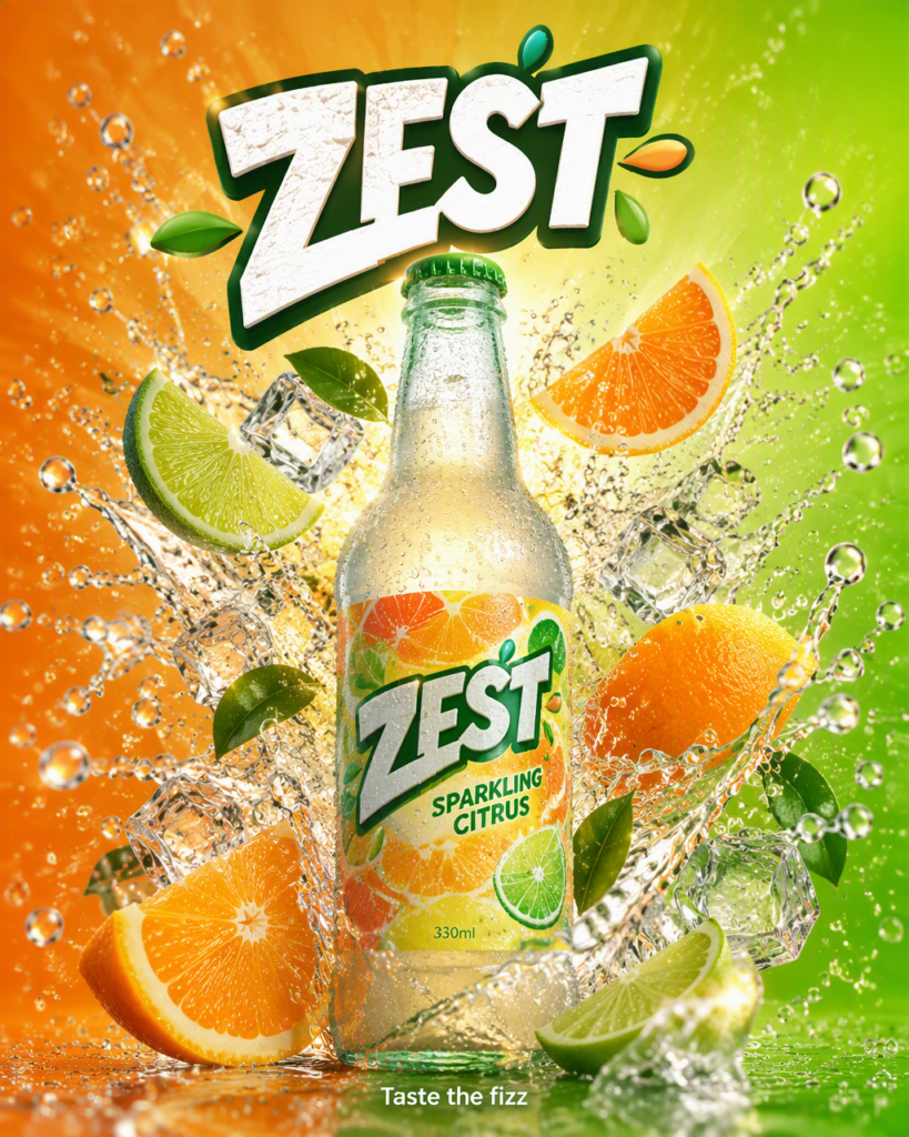 Промпт для создания кинопостера: реклама цитрусового напитка ZEST