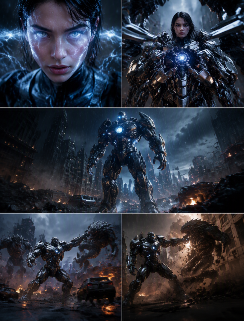 Промпт для фото: кинематографичный sci-fi бой гиганта и монстров