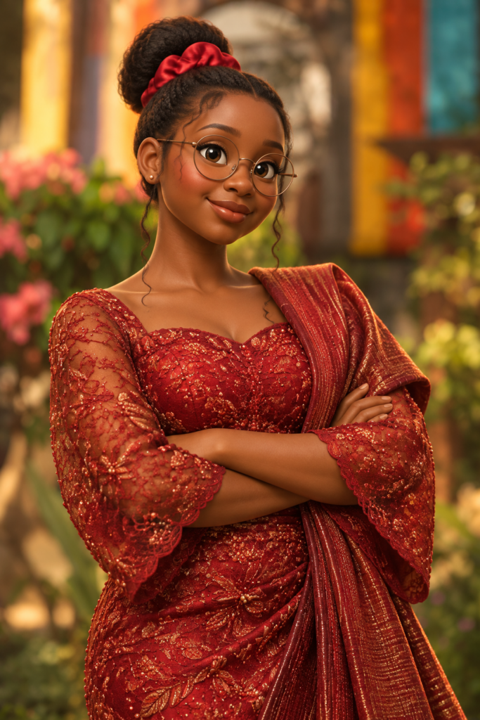 Промпт для фото: портрет в стиле Disney Pixar с элементами нигерийской культуры