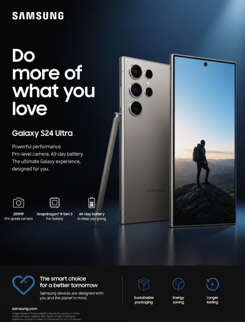 Промпт для генерации изображений: реклама смартфона Samsung