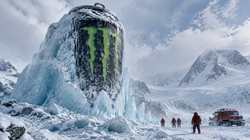 Промпт для фото: гигантская банка Monster Energy в арктическом льду