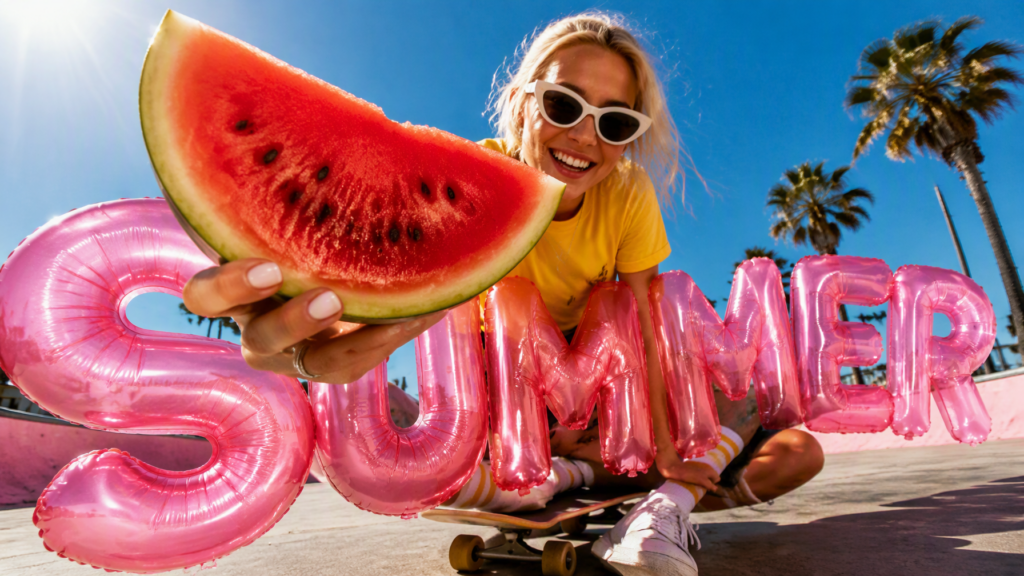 Промпт для фото: светловолосая девушка с долькой арбуза и надписью Summer