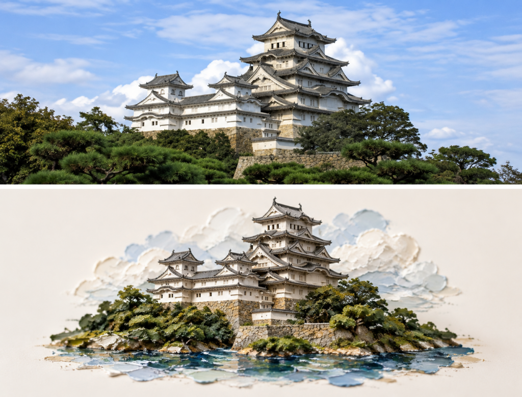 Промпт для фото: разделение реального здания и 3D-миниатюры