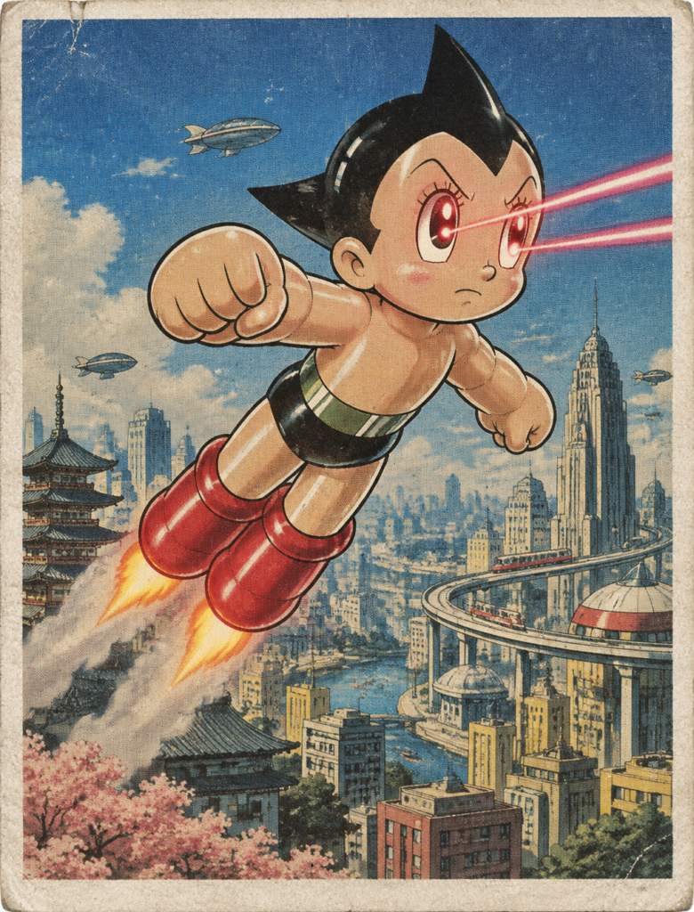 Промпт для генерации изображений: ретро-робот Astro Boy в стиле карточки