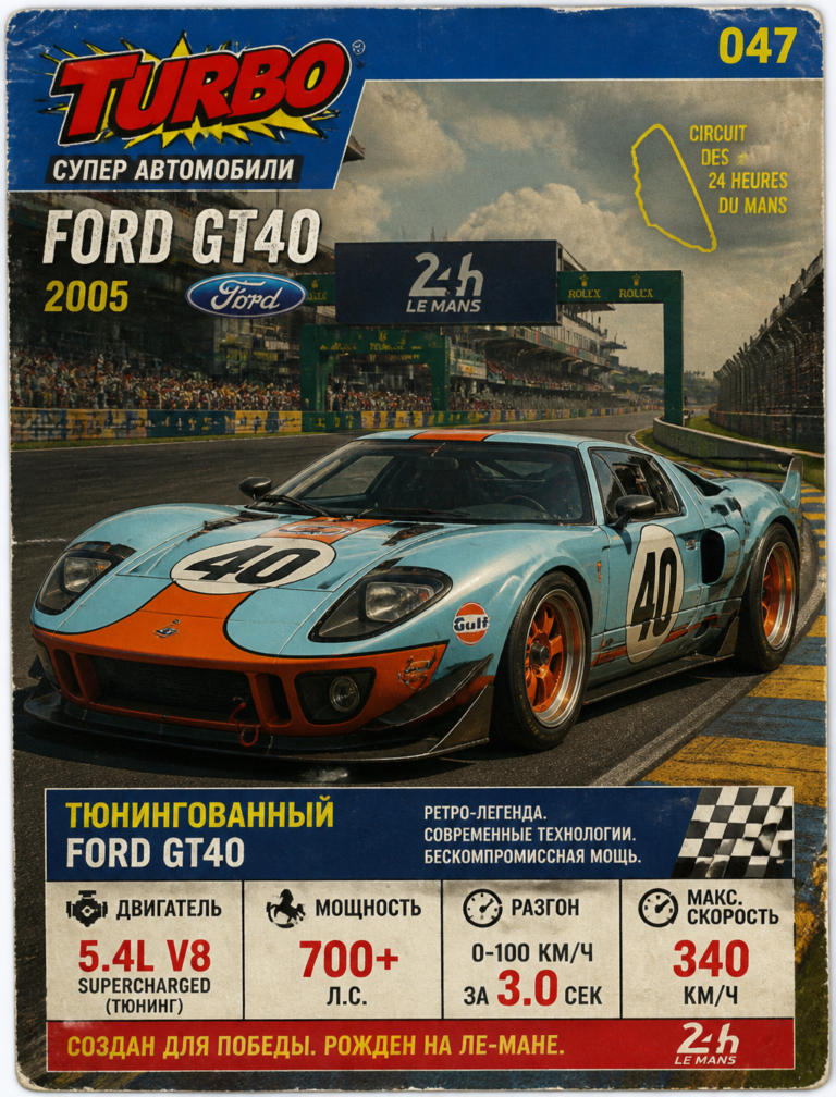 Промпт для генерации изображений: тюнинг Ford GT40 на фоне Ле-Мана