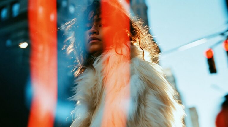 Промпт для генерации изображений: Zendaya в белой шубке на закате
