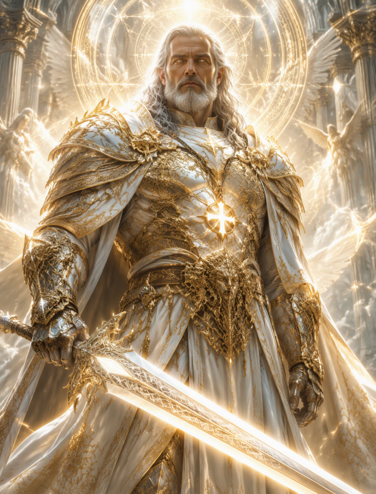 Промпт для фото: портрет древнего паладина в золотых доспехах