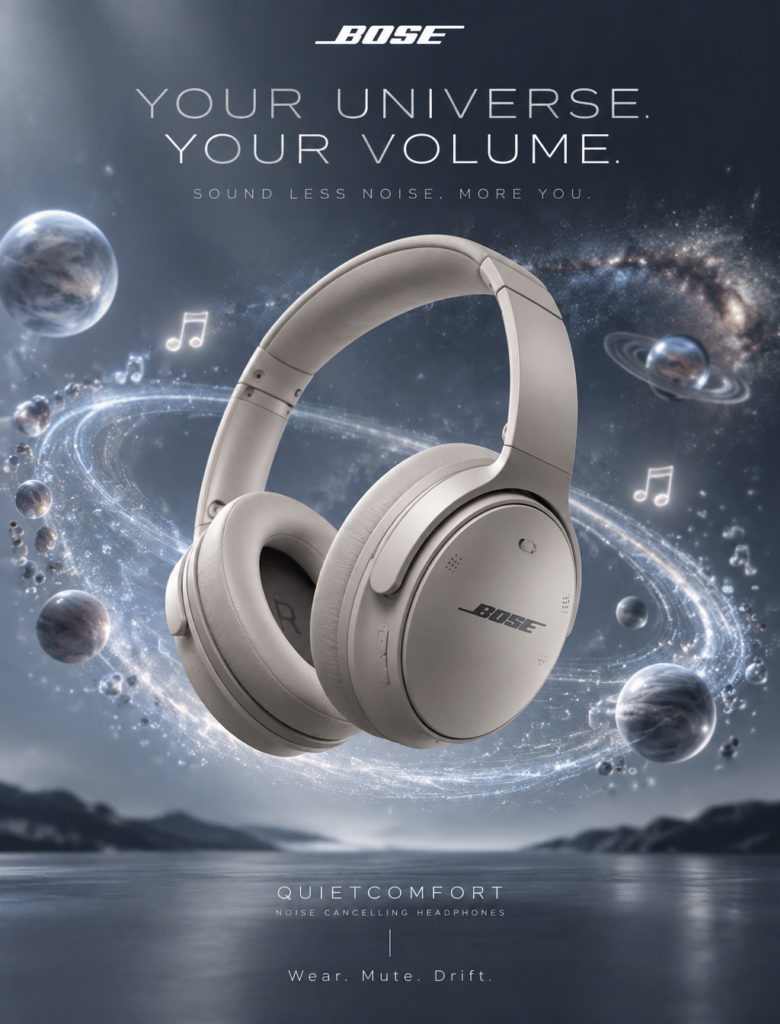 Промпт для фото: Bose QuietComfort в световой космической панораме