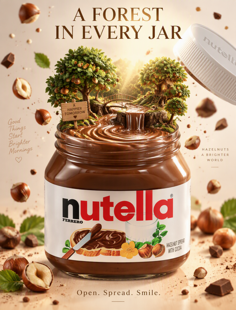 Промпт для фото Nutella: лес в банке с шоколадной пастой