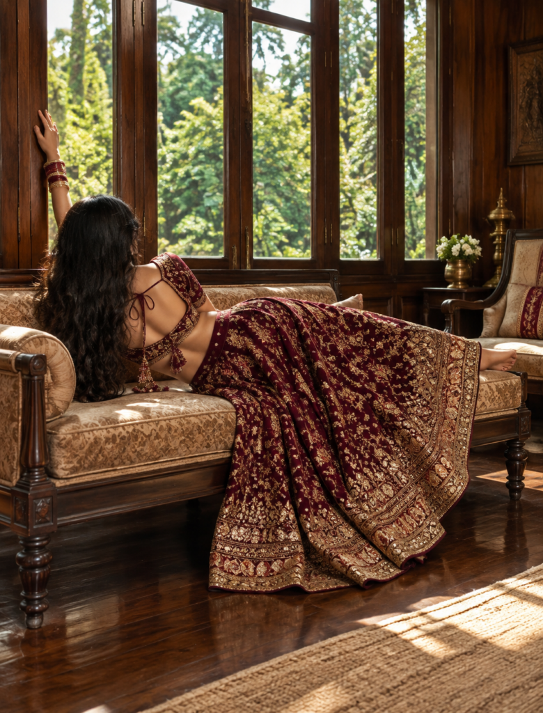 Промпт для фото: Индийская модель в красном lehenga на винтажном диване