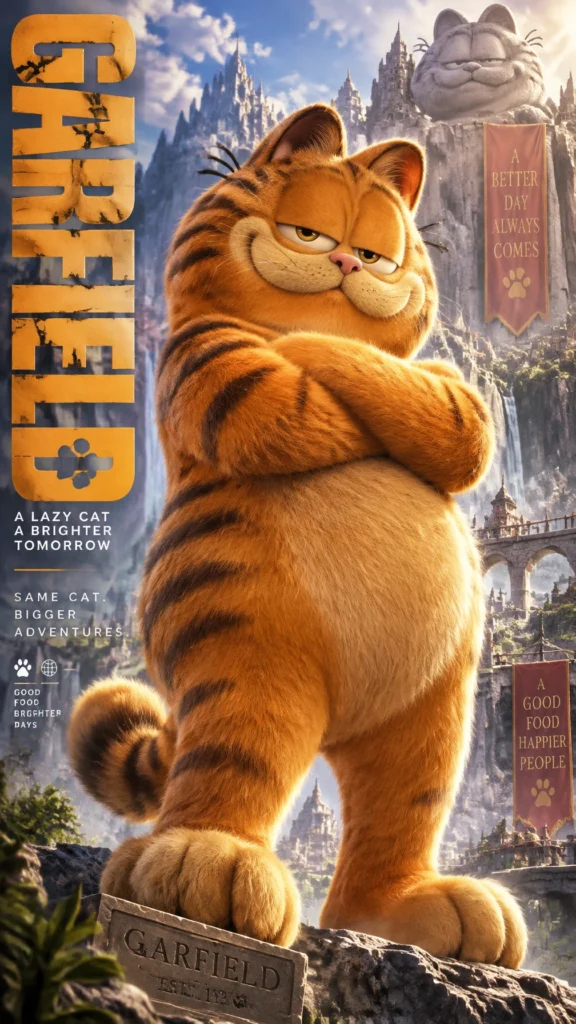 Промпт для создания кинопостера GARFIELD в стиле AAA-игр