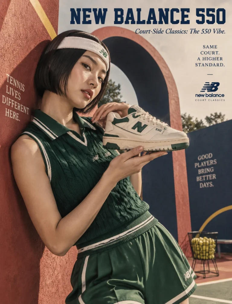 Промпт для фото: ретро-теннис и кроссовки New Balance 550