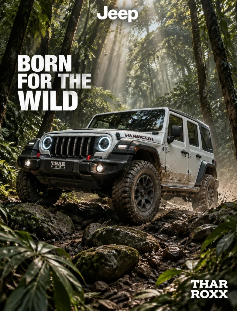 Промпт для фото: Jeep в тропическом лесу на бездорожье